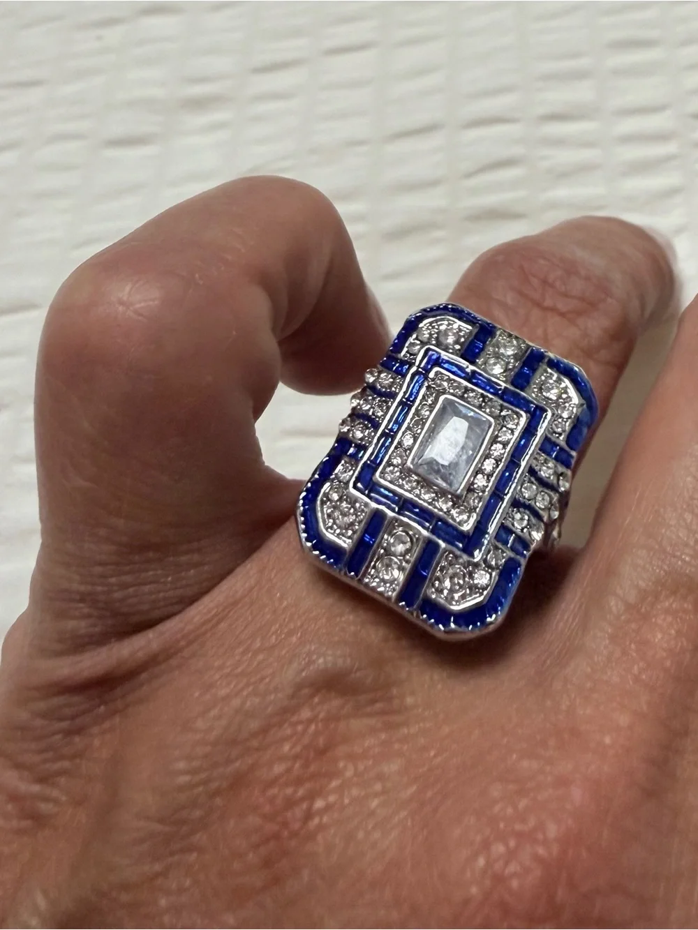 Elegant Blue and Silver Art Deco Cocktail Ring